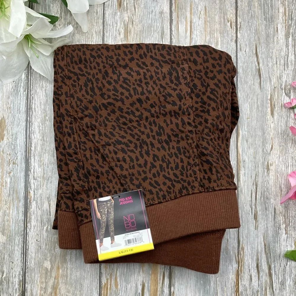 Womens Leopard Print Mid Rise Rib Waistband Jeggings Pants Size L